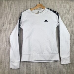 Adidas Sweater Womens Small White‎ Black Crewneck Logo Pullover Athletic Stripes